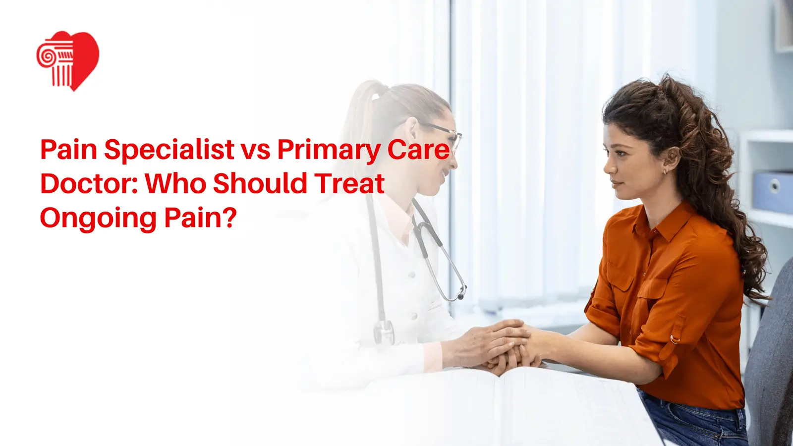 A female pain specialist comforting a patient by holding her hands during a medical consultation.