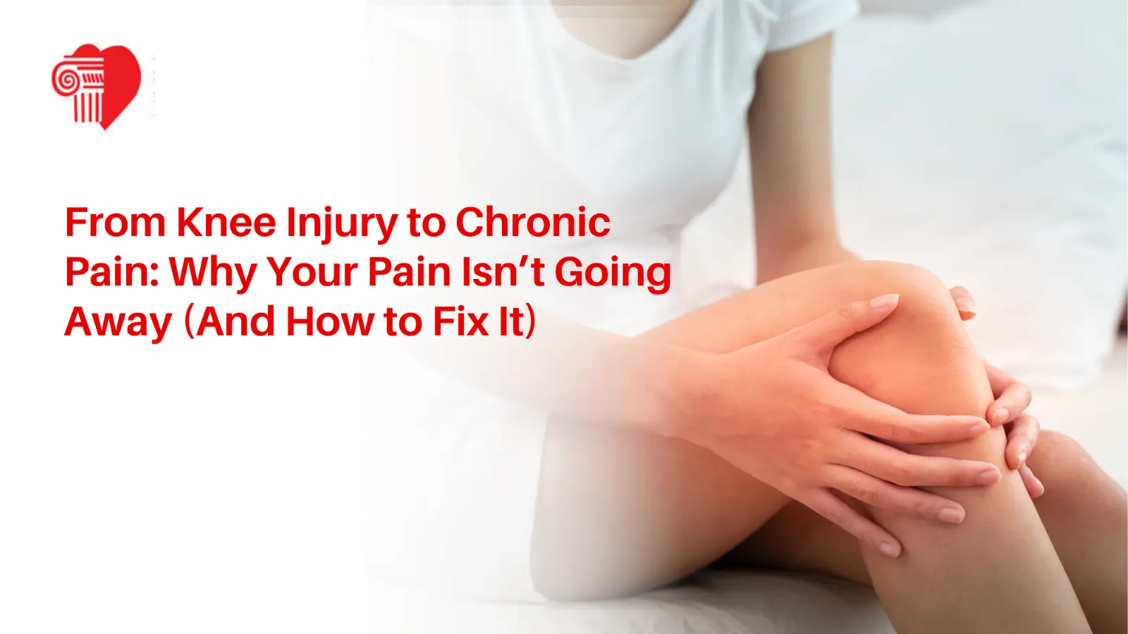 A person holding their knee in discomfort while sitting down, illustrating persistent chronic knee pain after an injury.
